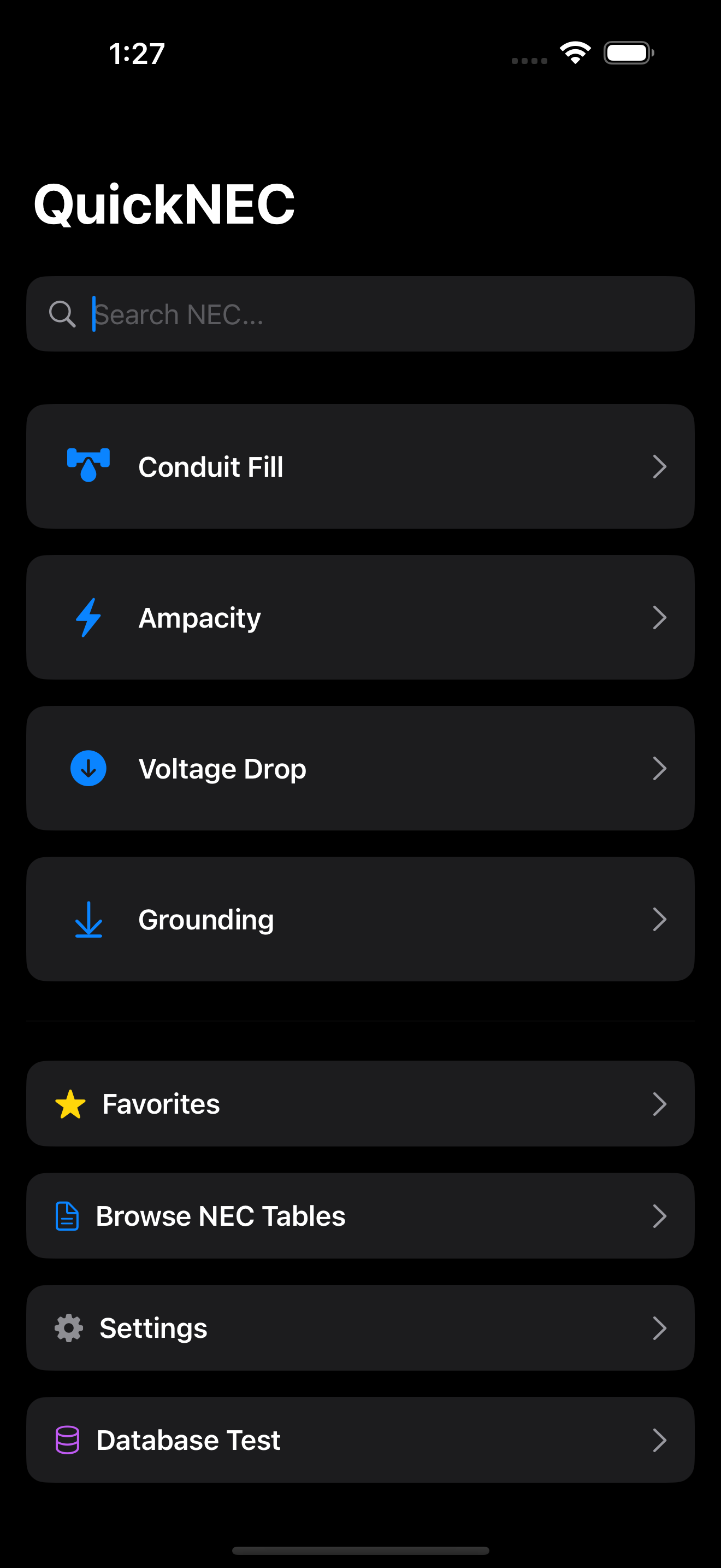 QuickNEC Home Screen